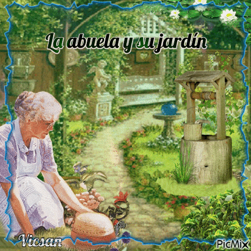 Grand-mère et son jardin - GIF animé gratuit