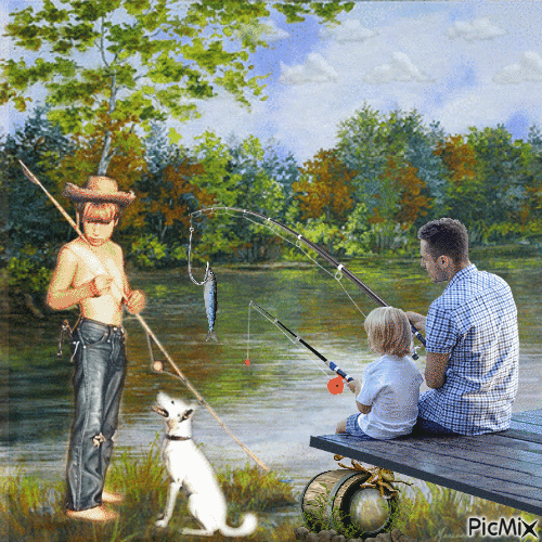 Papa mit Kindern beim Fischen - GIF animate gratis