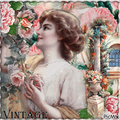 Vintage Frau mit Blumen - Gratis geanimeerde GIF