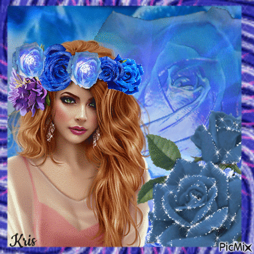 La belle rousse et les roses bleues sur fond animé - Gratis animerad GIF