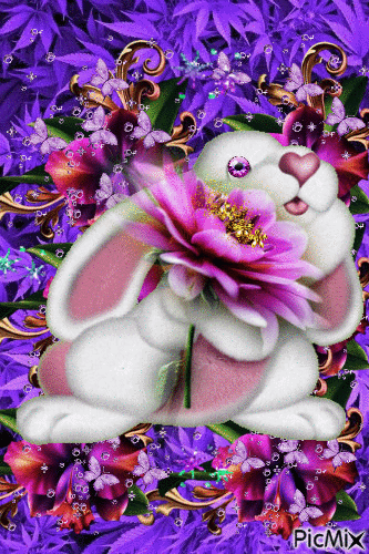 A BIG WHITE RABBIT HOLDING A BIG PINK FLOWER. STANDING IN FRONT OF PURPLE, AND PINK FLOWERS, SOME GLITTERS, AND SOME PURPLE BUTTERFLIES. - Бесплатни анимирани ГИФ