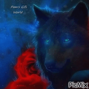 Blue Wolf and Roses - Animovaný GIF zadarmo