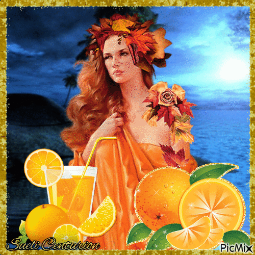 Mulher com laranjas e um toque de azul - Gratis geanimeerde GIF