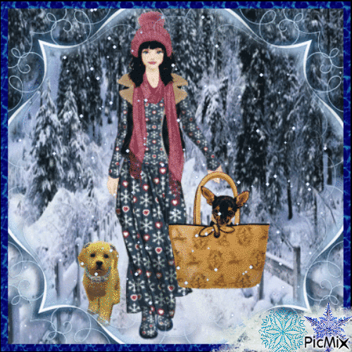 Winter lady with dogs - Free animated GIF