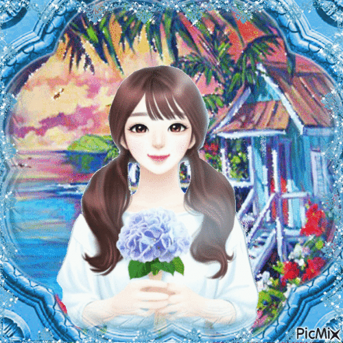 Little Girl with Blue Flowers - Free animated GIF