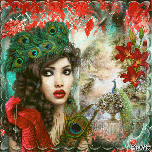 Femme paon fantaisie rouge et vert - Free animated GIF