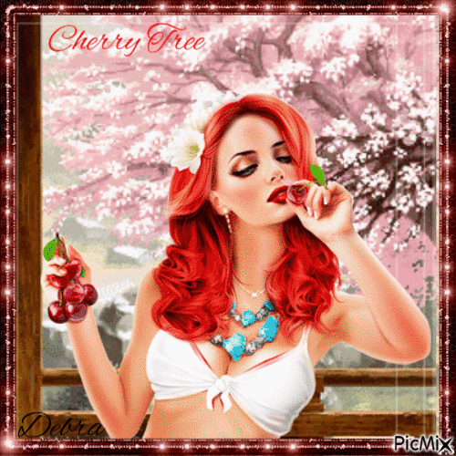 Cherry Tree And Woman - GIF animado gratis