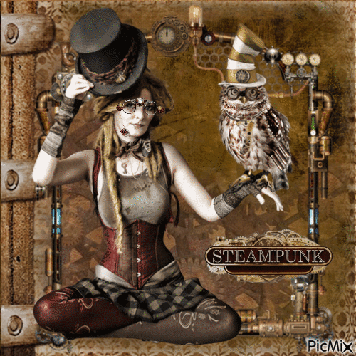 Girl and animal - Steampunk - Free animated GIF