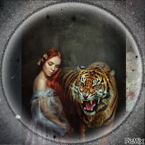 woman and tiger - Gratis animerad GIF