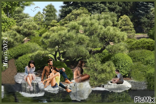 folk sitter vid sjön 01 - Бесплатный анимированный гифка
