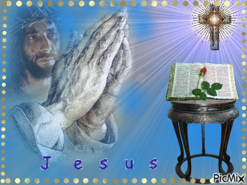 JESUS FACE FADED,A CROSS WITH A LIGHT IN MIDDLE, A TABLE WITH A GLITTERING BIBLE AND ROSE ON IT,  JESUS FLASHING ON AND OFF IN BLUE, AND A SILVER FLASHING FRAME. - GIF animasi gratis