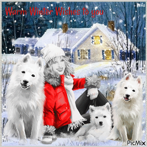 Warm Winter Wishes to you. Woman, dogs - Gratis geanimeerde GIF