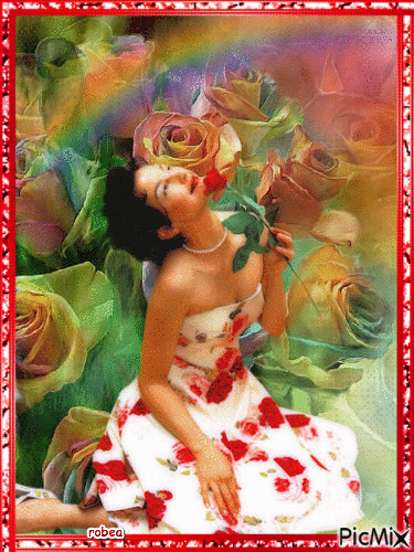 Femme qui aime les roses - Free animated GIF