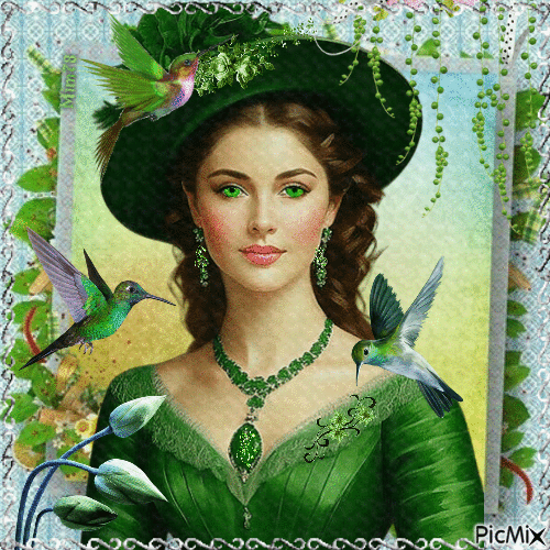 Femme aux yeux verts et colibri - Ingyenes animált GIF