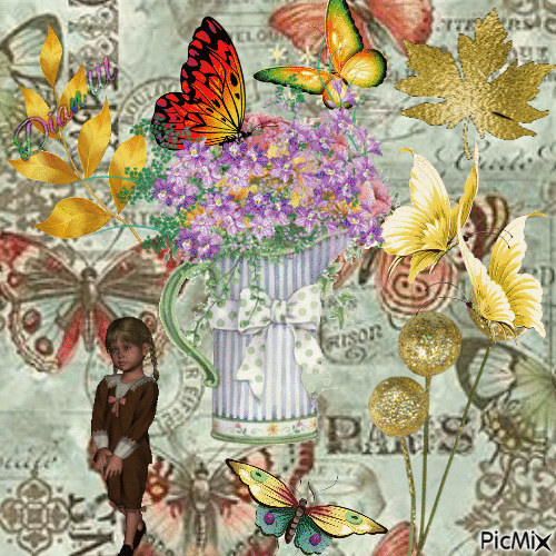 Little Girl Dancing Amongst the Butterflies - Безплатен анимиран GIF