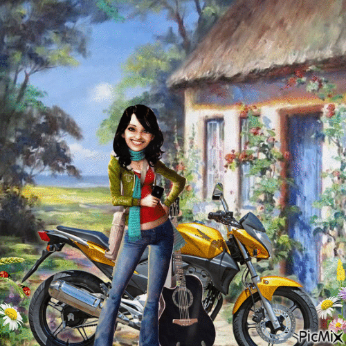 Woman With Bike and Guitar - Darmowy animowany GIF