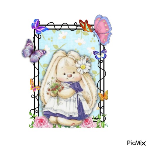 Cute Bunny n Butterflys with Daisies - ilmainen png