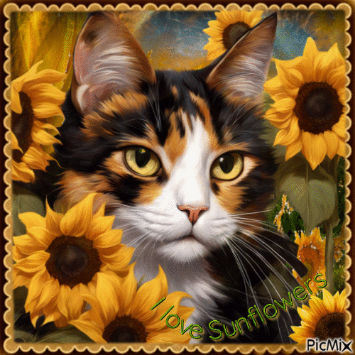 Cat in the Sunflowers - 無料のアニメーション GIF
