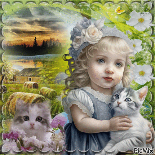 Enfant aux Printemps avec son chat - Δωρεάν κινούμενο GIF