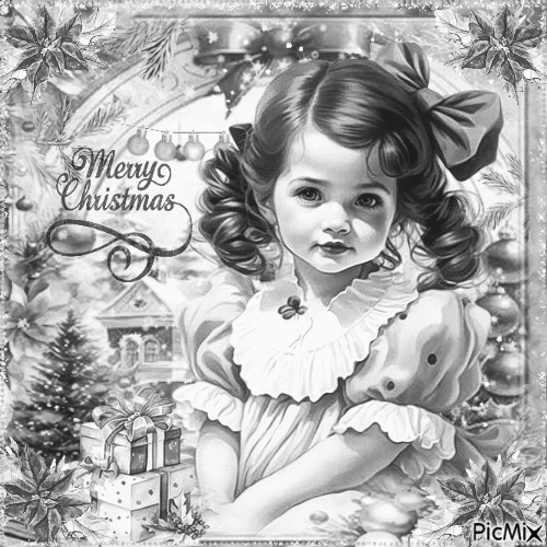 Christmas girl children black white - Безплатен анимиран GIF