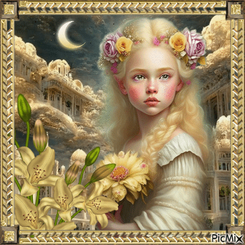 Kleines Mädchen mit Blumen in Beige - 免费动画 GIF