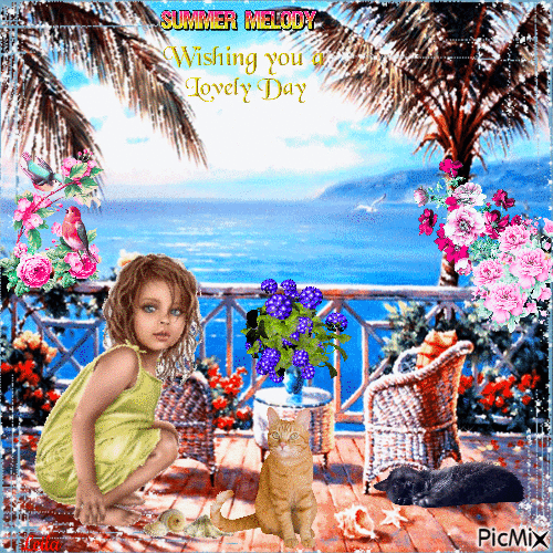 Summer Melody. Wish you a Lovely Day. Girl. Cats - Free animated GIF