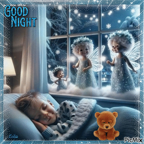 Good Night. Boy, feryes in window, teddy - Kostenlose animierte GIFs