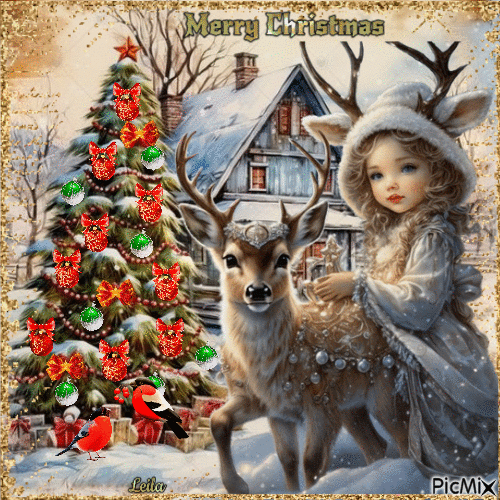 Merry Christmas. Girl, deer, birds - Free animated GIF