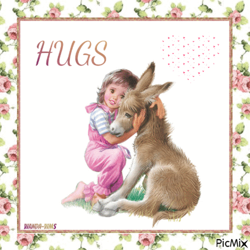 Hugs-girl-donkey-roses - Free animated GIF