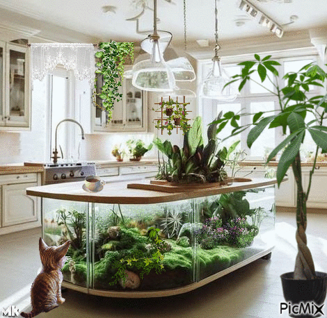 Café un gato y la cocina con plantas - GIF animé gratuit