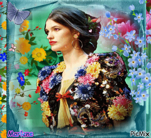 Portrait Woman Colors Deco Glitter Fashion Glamour  Flowers Butterflies - GIF animado grátis