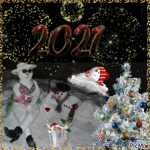 Новый год,  Снеговики встречают - GIF เคลื่อนไหวฟรี