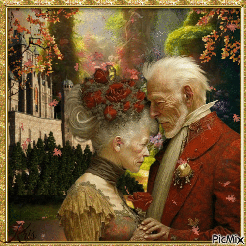 Vieux couple dans un paysage d'automne - GIF animé gratuit