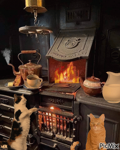 Gatos mirando el fuego - GIF animado gratis