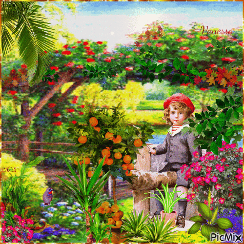 Petit garçon de printemps dans un jardin fleuri - Vintage - 無料のアニメーション GIF