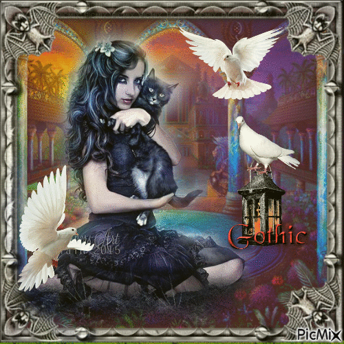 femme gothique et colombe blanche - Gratis animerad GIF