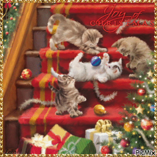 Joy of Christmas. Cats and christmas tree - GIF เคลื่อนไหวฟรี