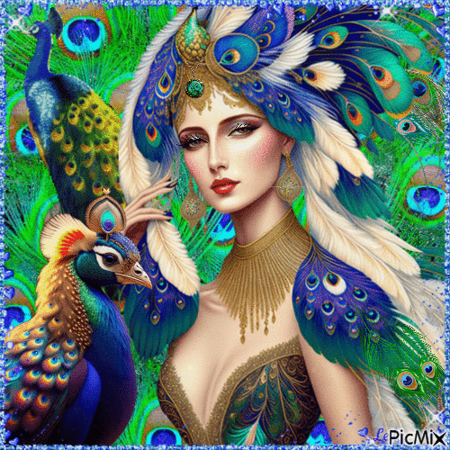 Peacock and woman - Бесплатный анимированный гифка