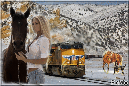femme ,chevaux et train - GIF animado grátis