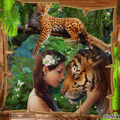 Portrait of woman and tiger - Free animated GIF