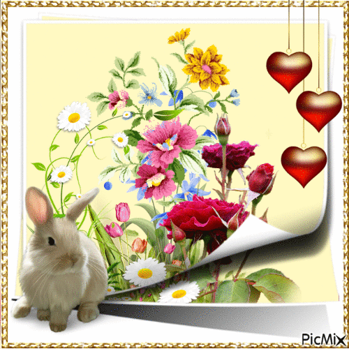 lapin et fleurs - GIF animado grátis