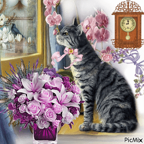 CAT WITH FLOWERS - Безплатен анимиран GIF