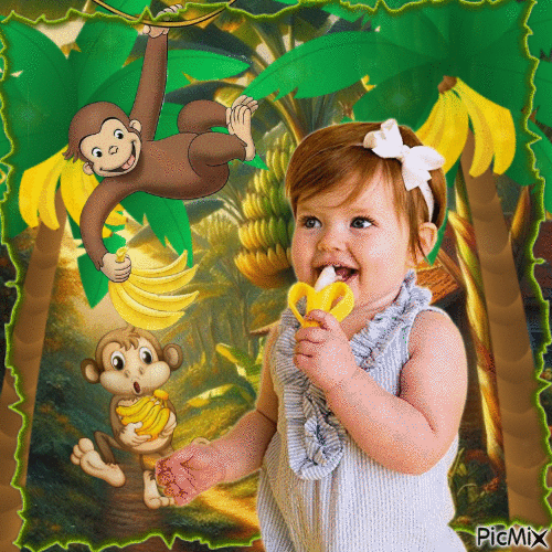 Petite Fille - Banane - Jaune - Vert - Marron - GIF animado gratis