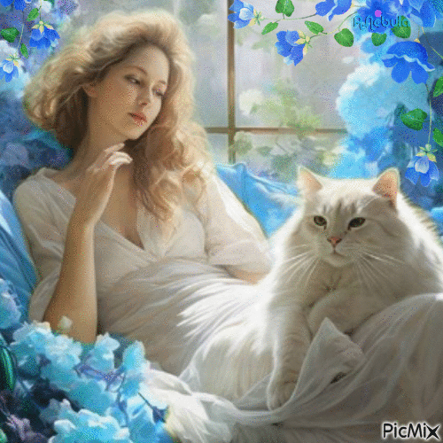 Blonde woman and white cat - GIF animé gratuit