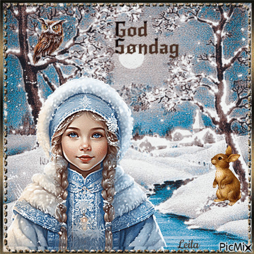Happy Sunday. Winter. Girl. Brown, blue, white - GIF animé gratuit