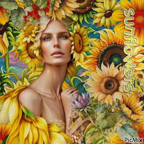 Frau mit Sonnenblumen - Gratis animerad GIF