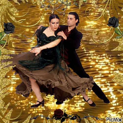 Couple de danseurs sur fond doré - Gratis animerad GIF