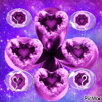 A ODD LOOKING PURPLE CROSS WITH HEARTS EXPLODING ON THE ENDS, LEAVING A LITTLE PURPLE HEART INSIDETHERE ARE FOUR LIGHT PURPLE OVAL SHAPED WITH DARKER PURPLE INSIDE AND A HEART BEING DRAWN. - GIF animasi gratis
