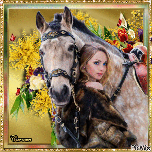 Portrait d'une jeune femme avec un cheval - Бесплатный анимированный гифка