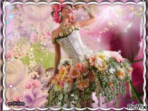 Tableau Femme sur fond fleuri - Gratis geanimeerde GIF
